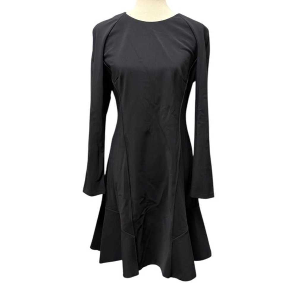 Theory Seam Sculpt Dress Size 12 Black Precision Ponte Long Sleeve Flounce Hem